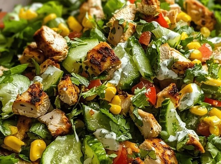 Fresh Chicken Chopped Salad with colorful vegetables and dressing