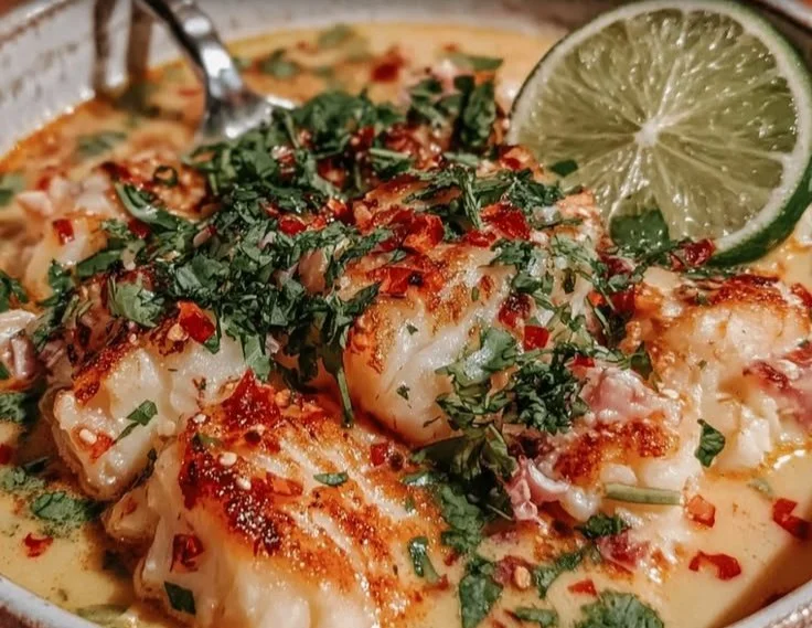 Bowl of Coconut Lime Fish Soup garnished with herbs and lime slices.