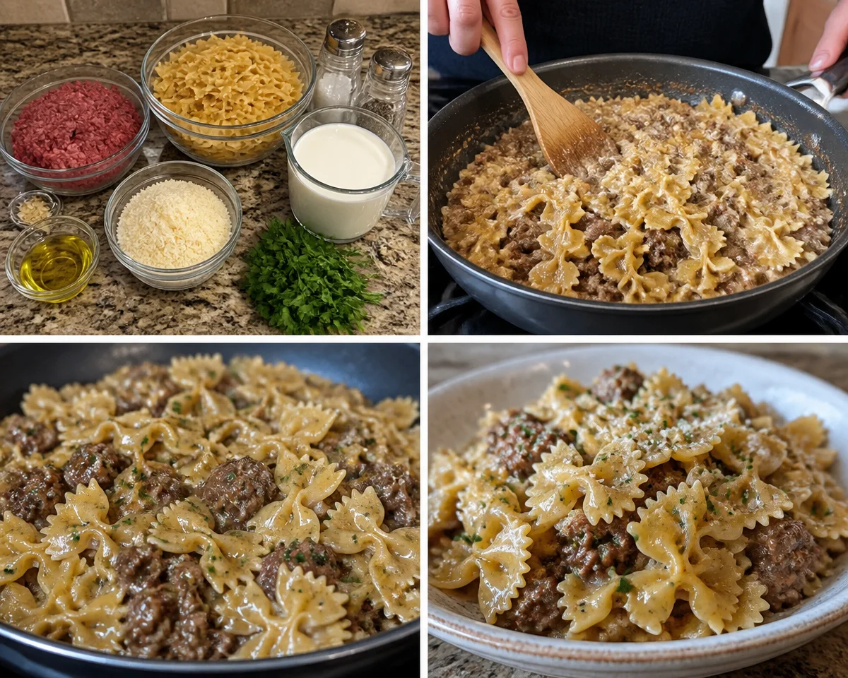 Creamy beef bowtie pasta dish served on a plate with herbs and spices