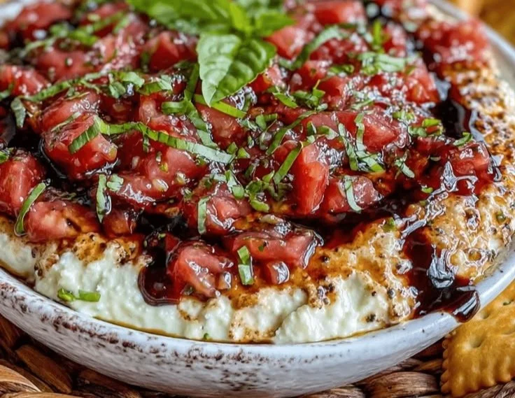 Creamy bruschetta dip served in a bowl, easy appetizer for parties.