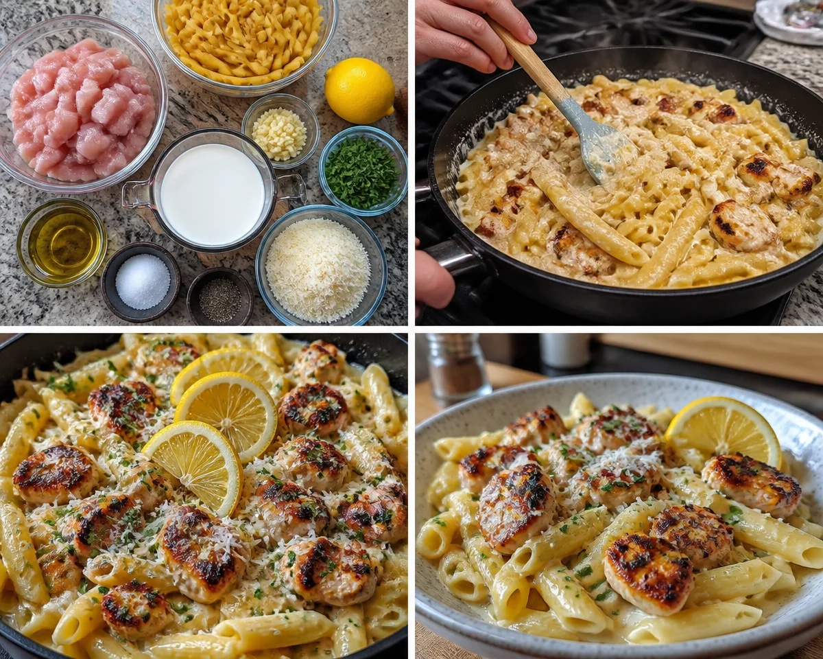 Creamy lemon chicken pasta with fresh herbs and a sprinkle of cheese in a bowl.