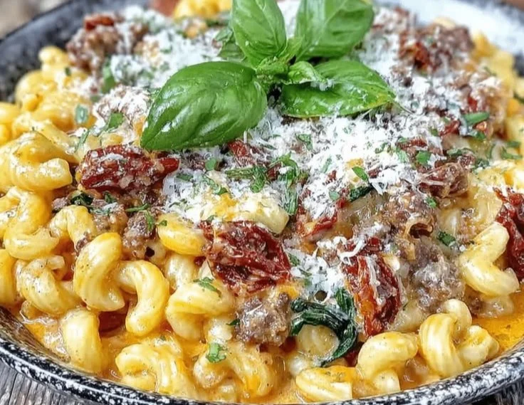 Creamy Tuscan ground beef pasta topped with herbs, ready for dinner.
