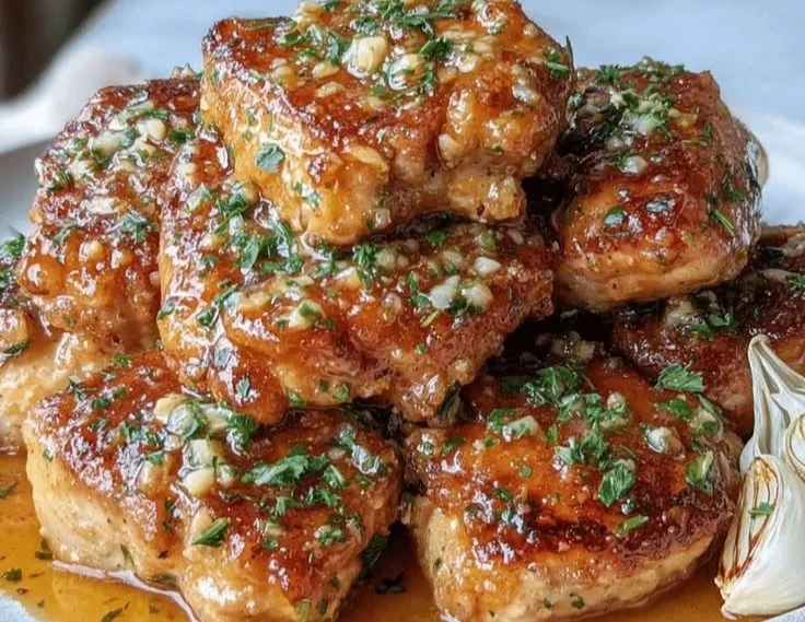 Crispy garlic chicken bites served on a plate with a side of dipping sauce
