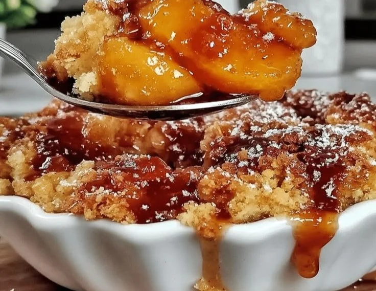 Delicious easy canned peach cobbler served in a bowl at a potluck