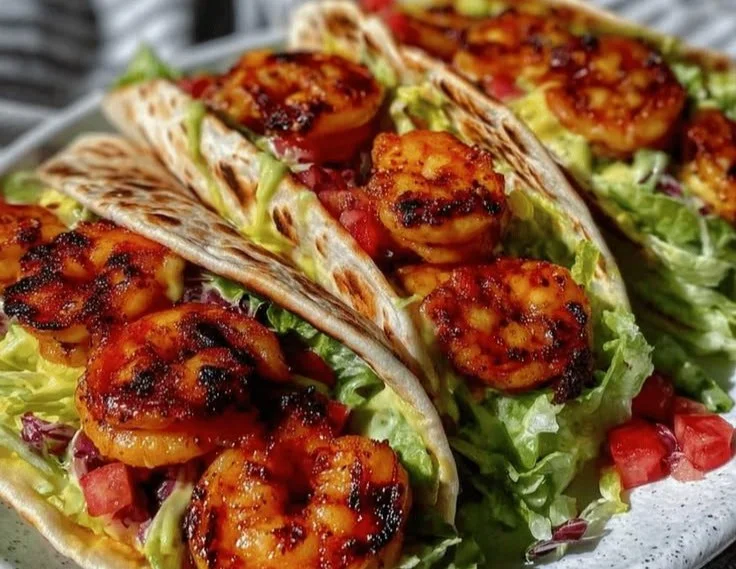 Easy grilled shrimp Caesar wraps served on a plate for a quick lunch idea.
