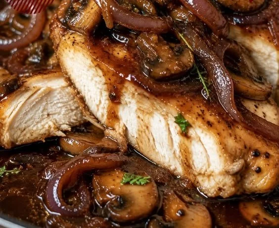 Low carb chicken with balsamic onions and mushrooms on a plate