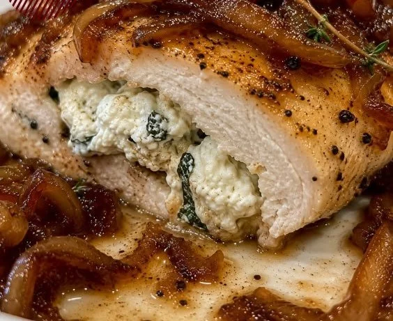 Delicious Goat Cheese Stuffed Chicken with Caramelized Onions on a plate