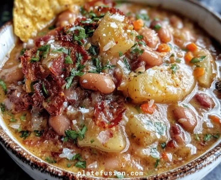 Bowl of hearty Mexican Pinto Bean Soup garnished with cilantro and lime.