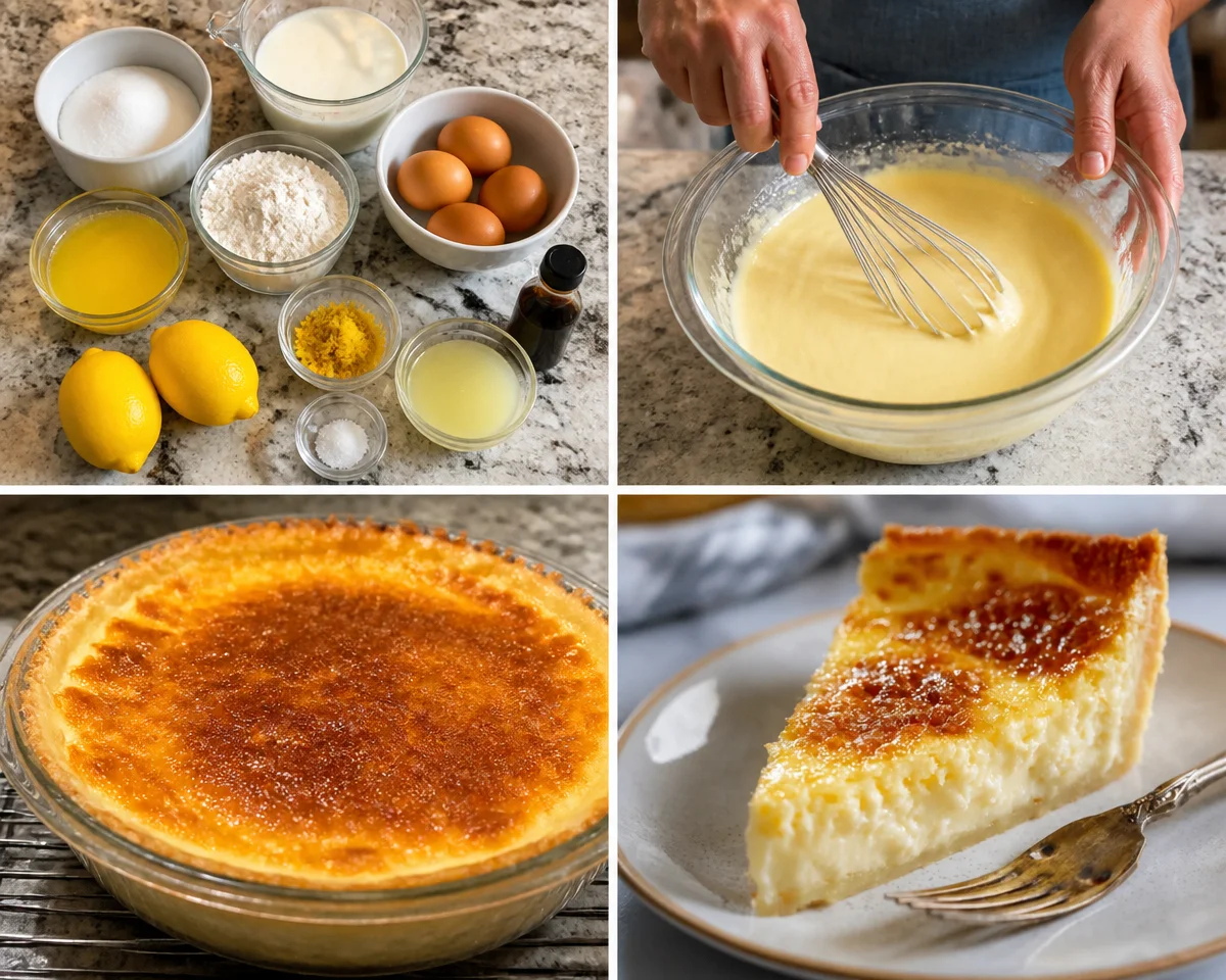 Slice of Impossible Lemon Pie topped with whipped cream and lemon zest.