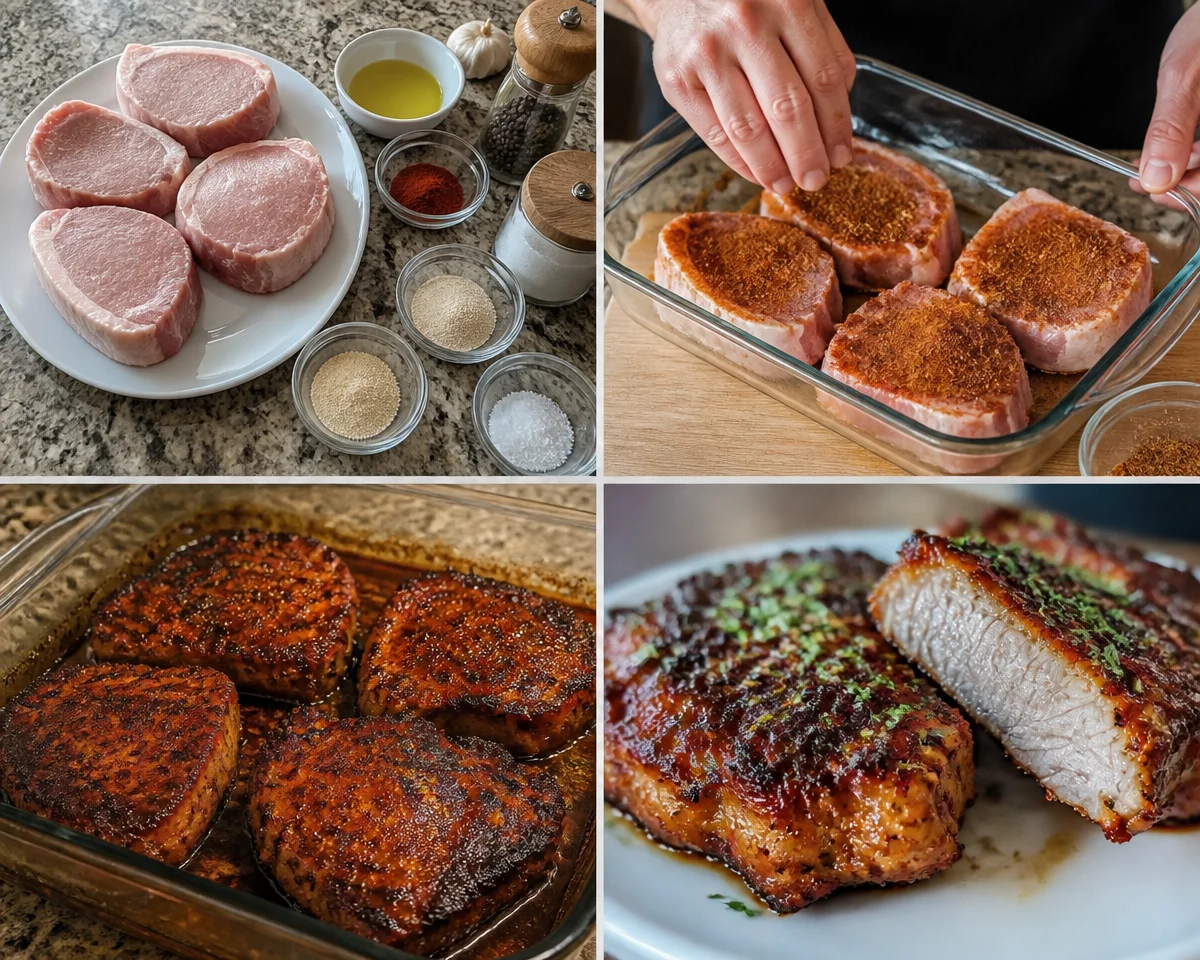 Juicy oven baked pork chops plated for a quick and easy dinner