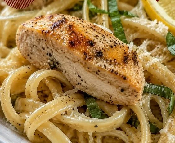 Plate of Lemon Basil Chicken Pasta garnished with fresh basil and lemon slices
