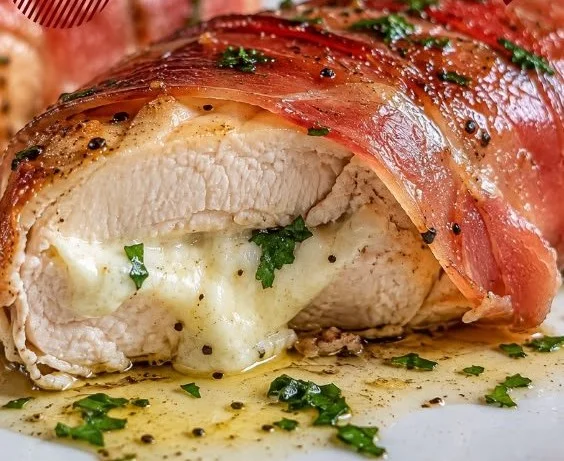 Low-carb prosciutto wrapped chicken dish garnished with herbs and spices