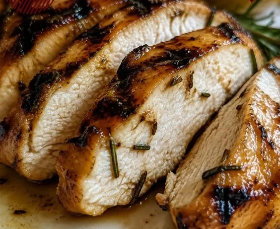 A plate of Maple Rosemary Grilled Chicken garnished with rosemary sprigs