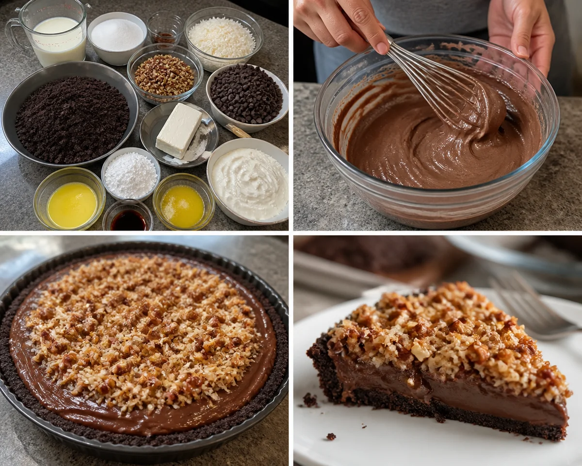 Delicious no-bake German Chocolate Pie topped with coconut and pecan frosting