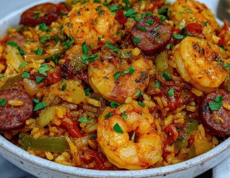 One-pot spicy jambalaya with shrimp, sausage, and colorful vegetables