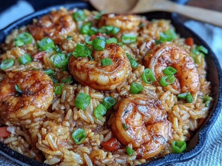 One-Skillet Cajun Shrimp Rice garnished with herbs in a skillet.