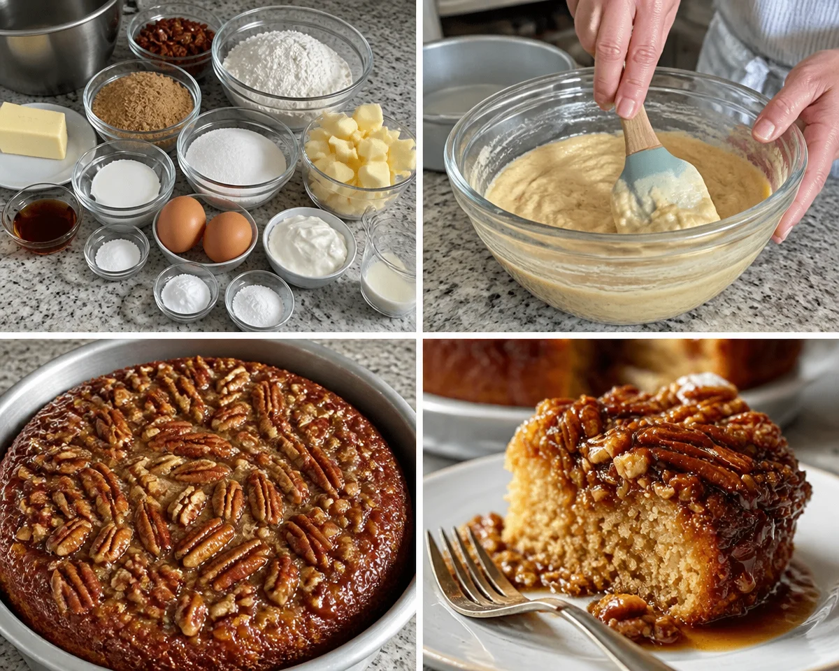 Pecan Upside Down Cake with caramelized pecans on top