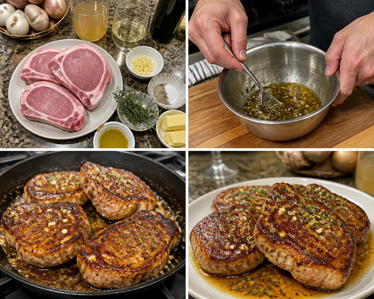 Perfectly cooked stovetop pork chops on a plate with herbs and spices
