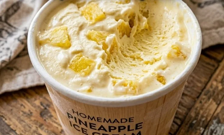 Delicious Pineapple Cream dessert garnished with fresh pineapples and cream.
