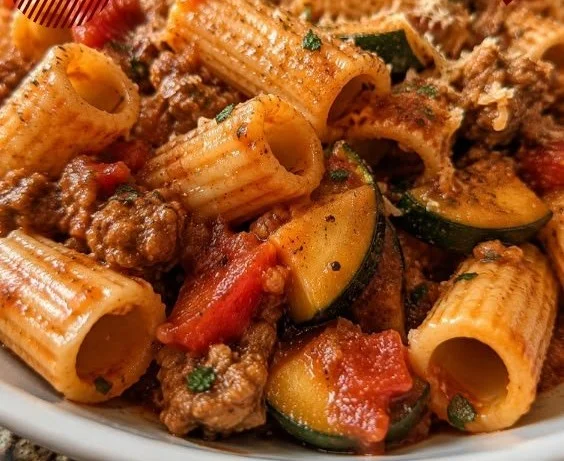 Rigatoni pasta with sausage, tomatoes, and zucchini in a bowl