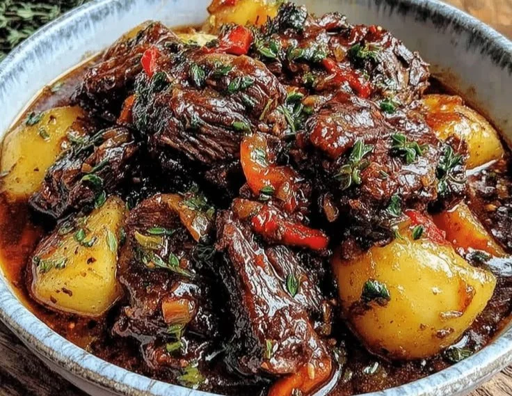 Delicious slow cooker beef stew in a bowl with vegetables and herbs garnish