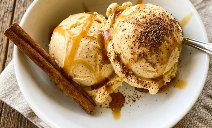 Bowl of spiced custard ice cream with a sprinkle of cinnamon and nutmeg.