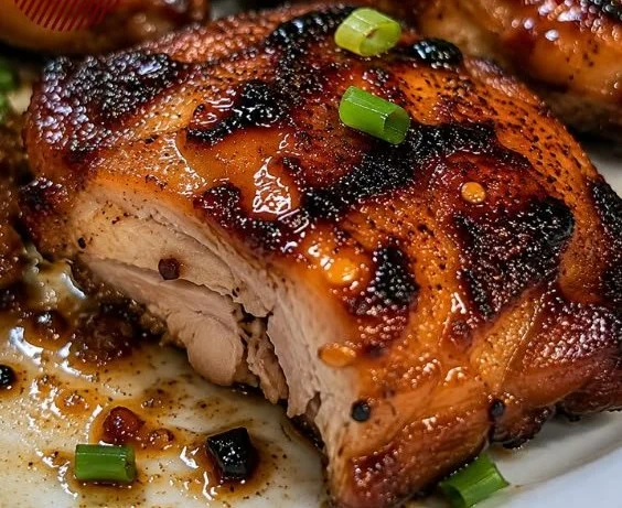 Sweet N Spicy Grilled Chicken Thighs on a grill, ready to serve.