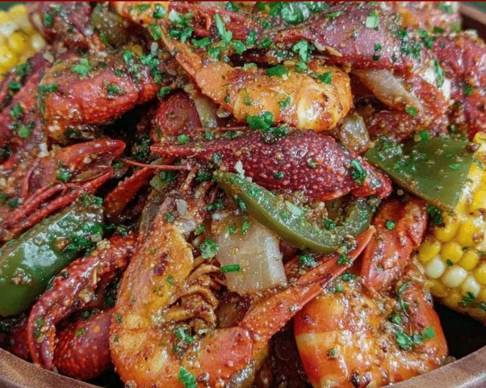 Cajun Crawfish Boil served in a festive pot with spices and vegetables