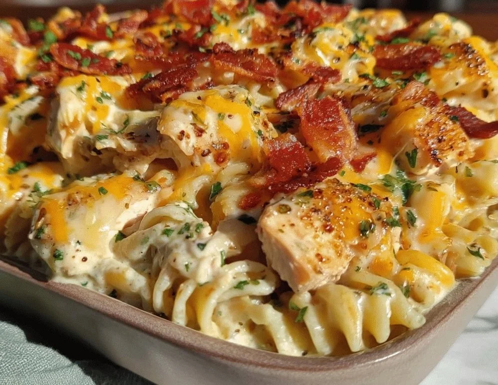 Creamy BBQ Ranch Chicken Casserole served in a baking dish