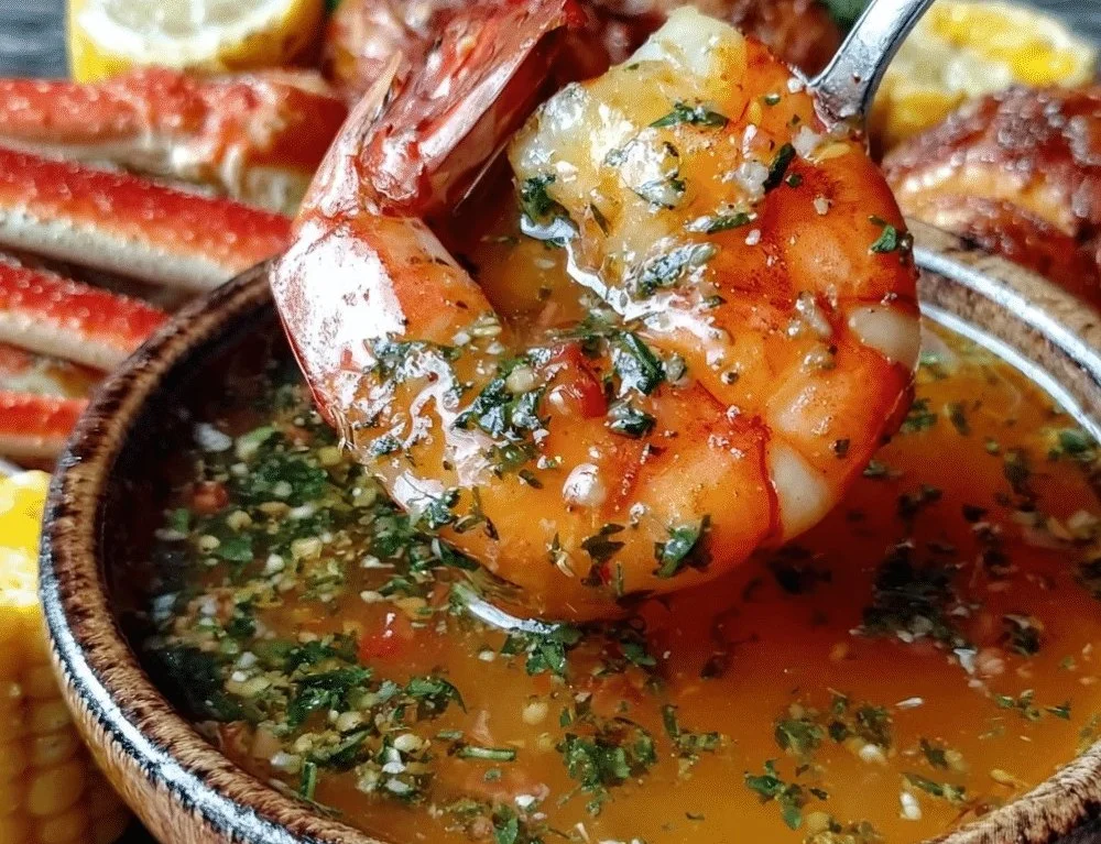 Creamy seafood boil dipping sauce served in a bowl with seafood on the side.