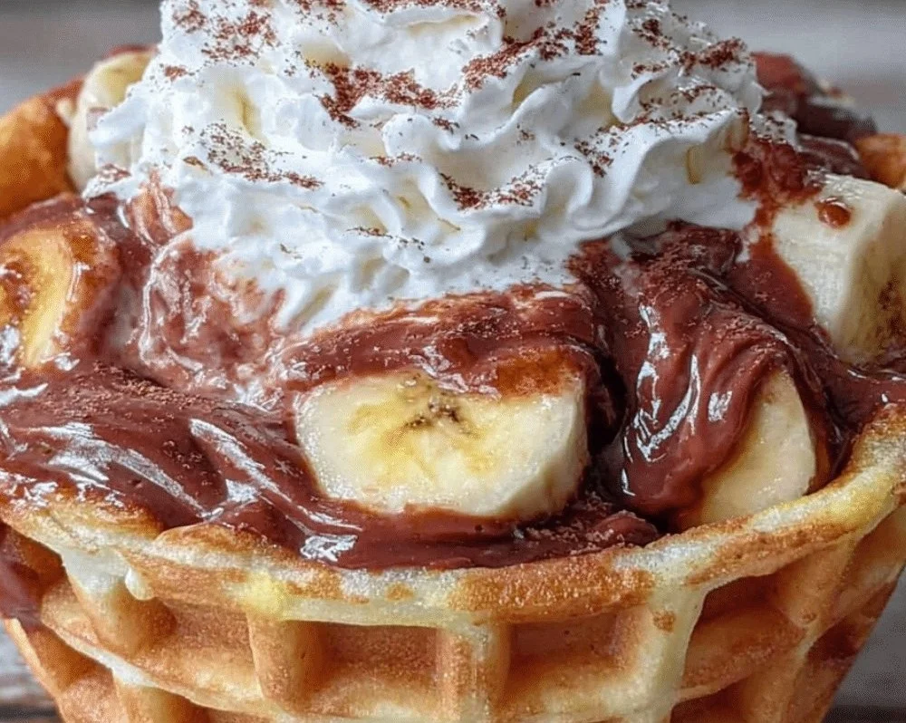 Crispy banana ice cream cone topped with sprinkles and banana slices.