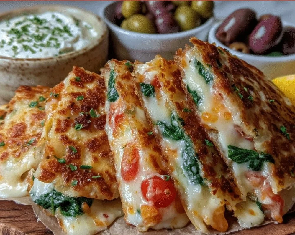 Delicious crispy Mediterranean Quesadilla served with fresh ingredients