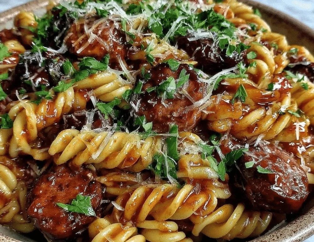 One-Pot Honey BBQ Sausage Pasta ready to serve in a bowl.