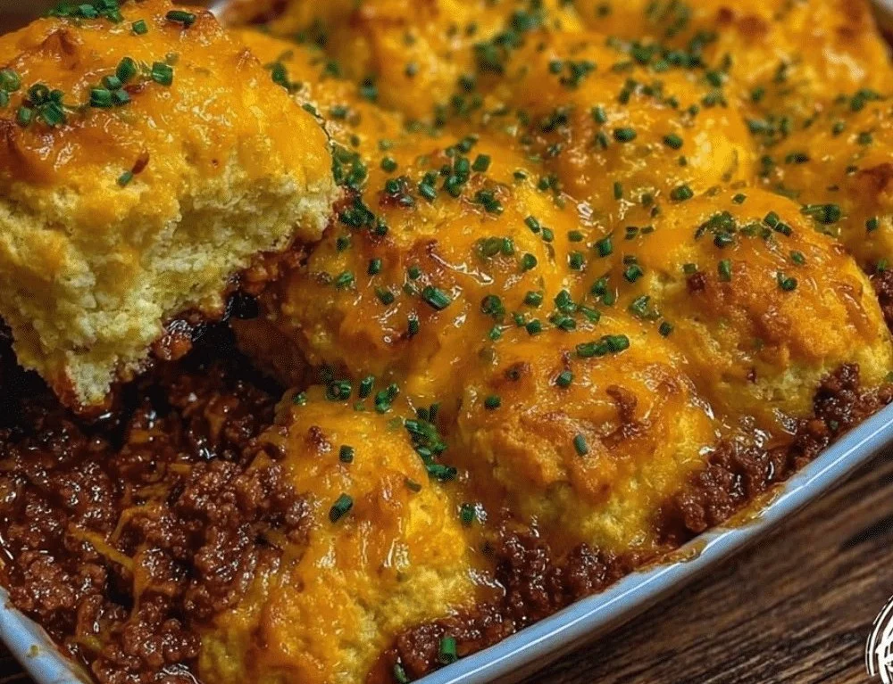 Delicious Sloppy Joe Biscuit Casserole topped with golden biscuits