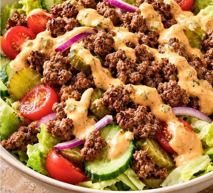 High protein burger bowl featuring fresh ingredients for a healthy low carb dinner.
