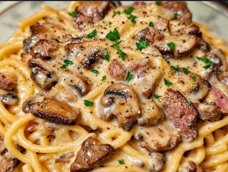 Creamy steak spaghetti with mushrooms served in a bowl
