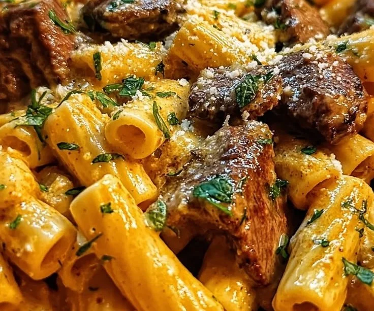 Creamy Buffalo Garlic Butter Steak Bites Pasta