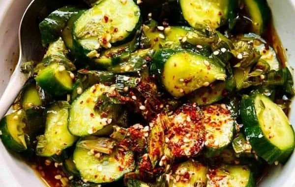 Crispy and refreshing cucumber salad served in a bowl