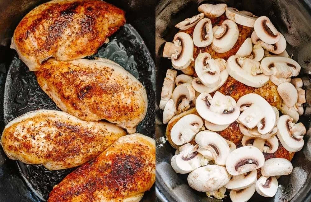 Crock Pot Chicken Marsala with mushrooms and herbs in a serving dish