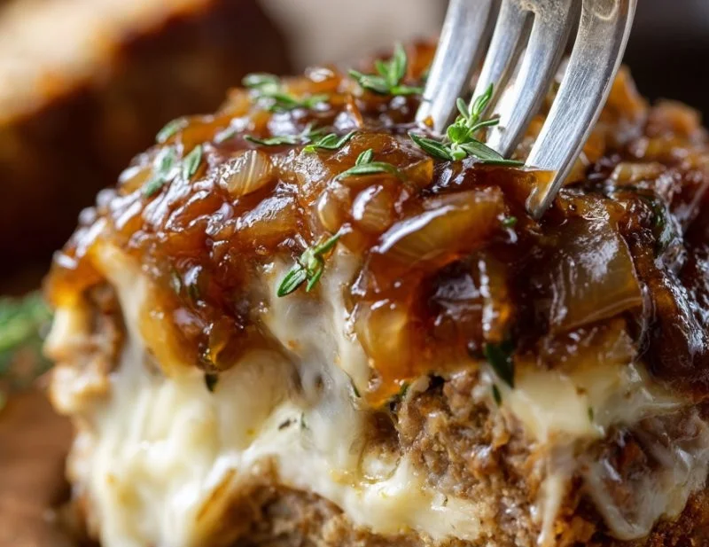 Delicious Crockpot French onion meatloaf garnished with caramelized onions.
