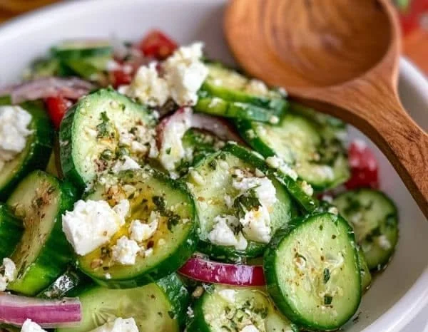 Cucumber Feta Salad drizzled with Lemon Greek Vinaigrette