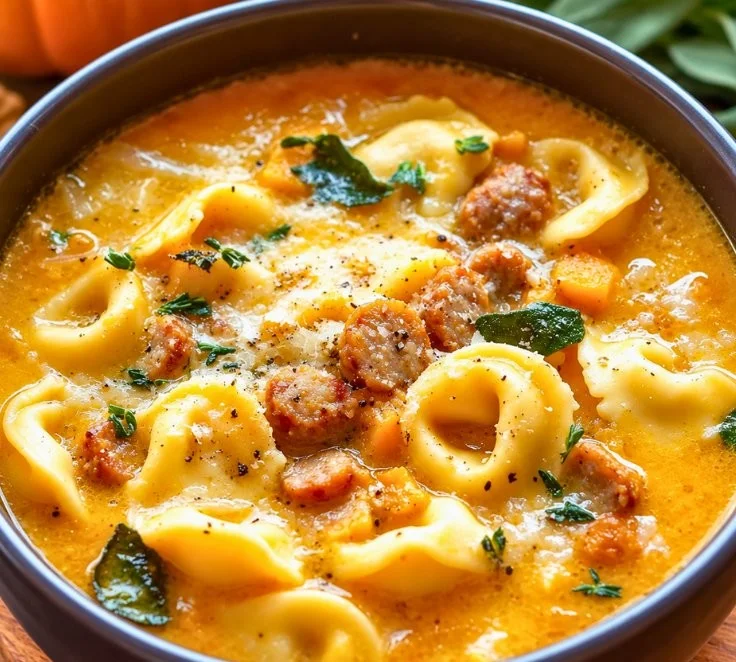 Bowl of butternut squash and sausage tortellini soup garnished with herbs
