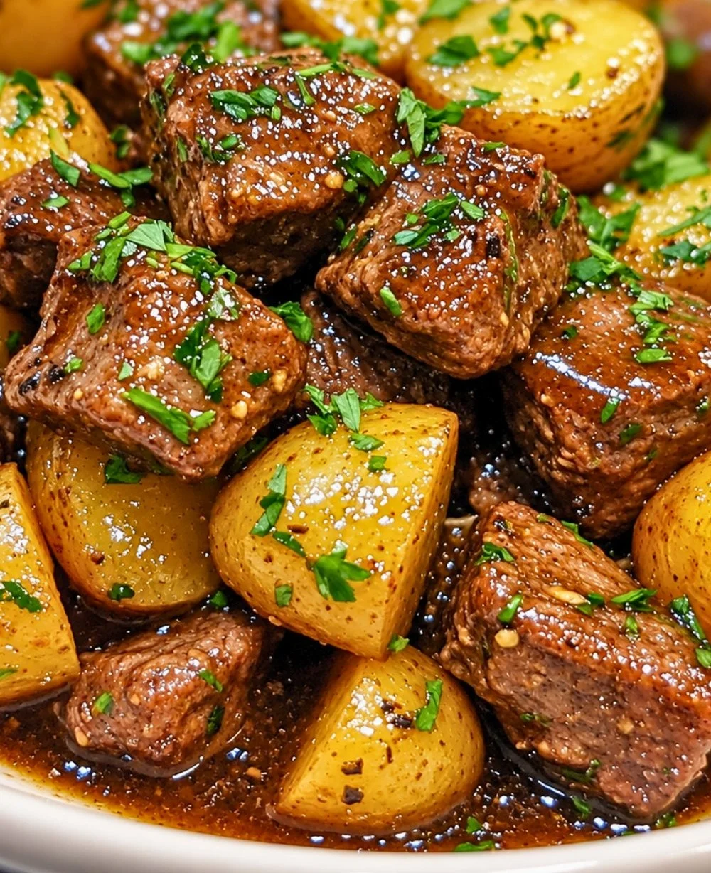 Slow cooker garlic butter beef bites with potatoes ready for dinner