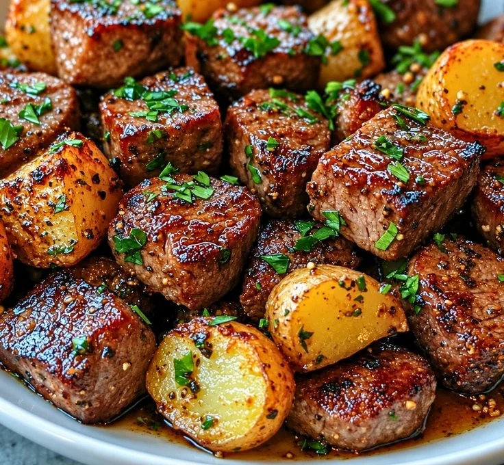 Easy garlic butter steak bites served with roasted potatoes for a high-protein meal