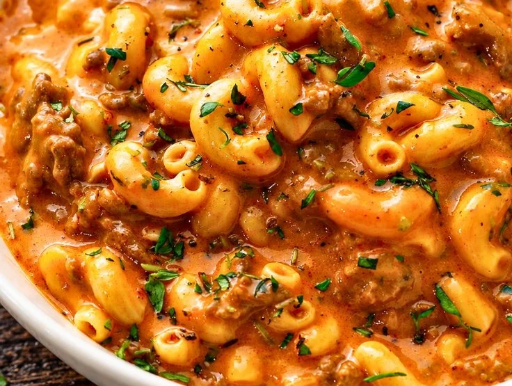 Homemade hamburger helper with cheesy beef macaroni on a plate