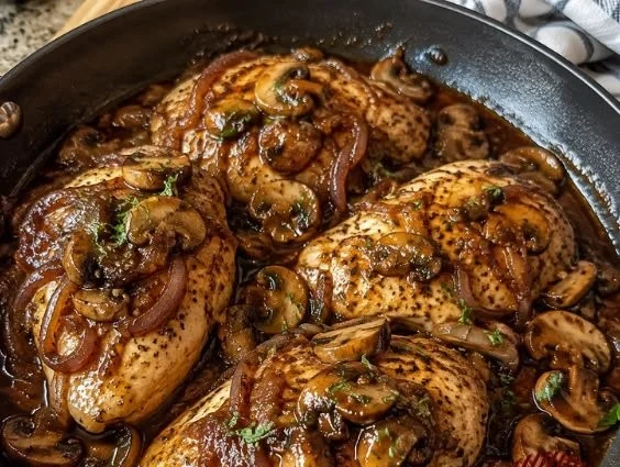 Easy Low Carb Chicken Dinner with Balsamic Onions & Mushrooms