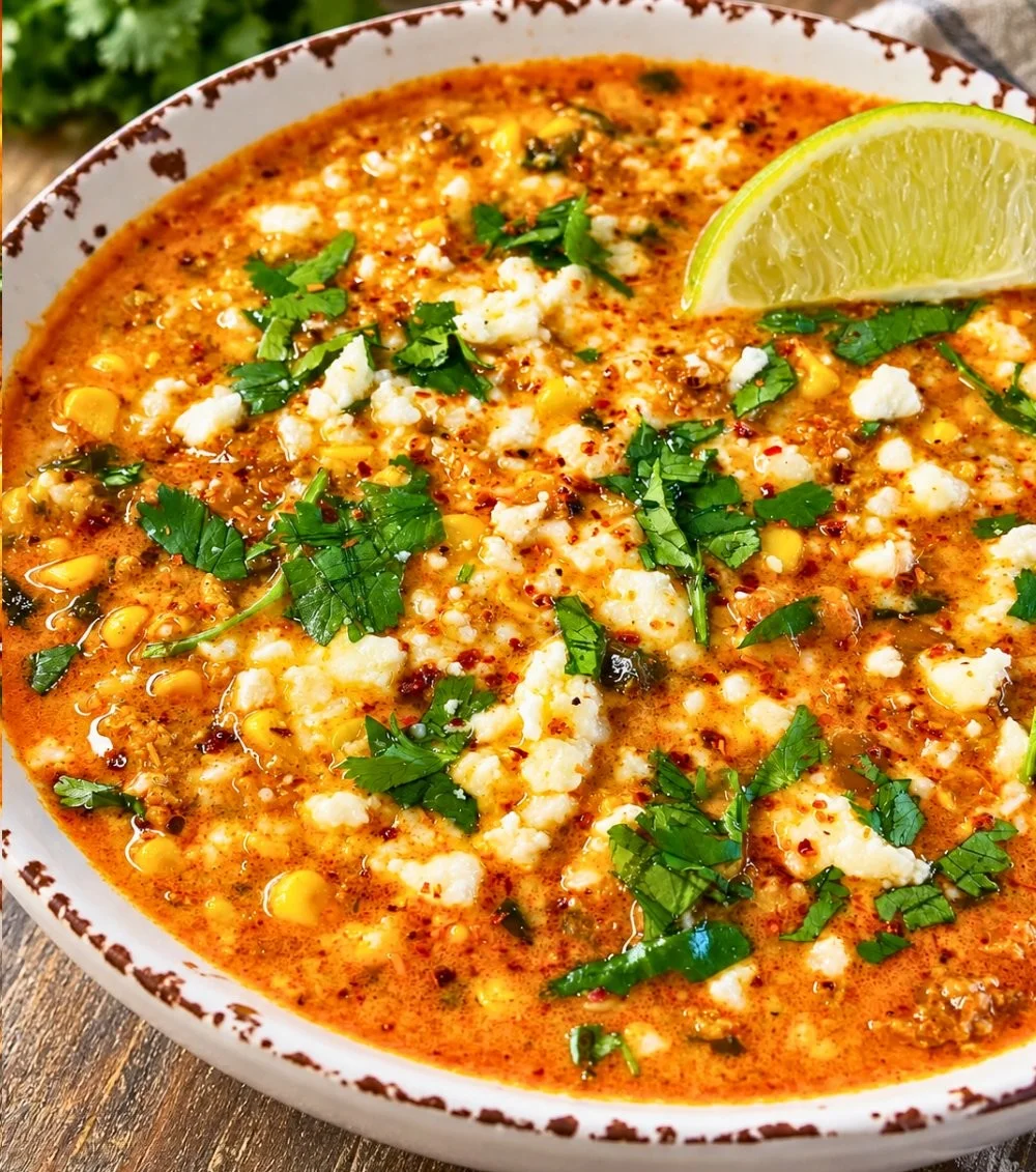 Creamy street corn chicken chili in a pot, garnished and ready to serve.