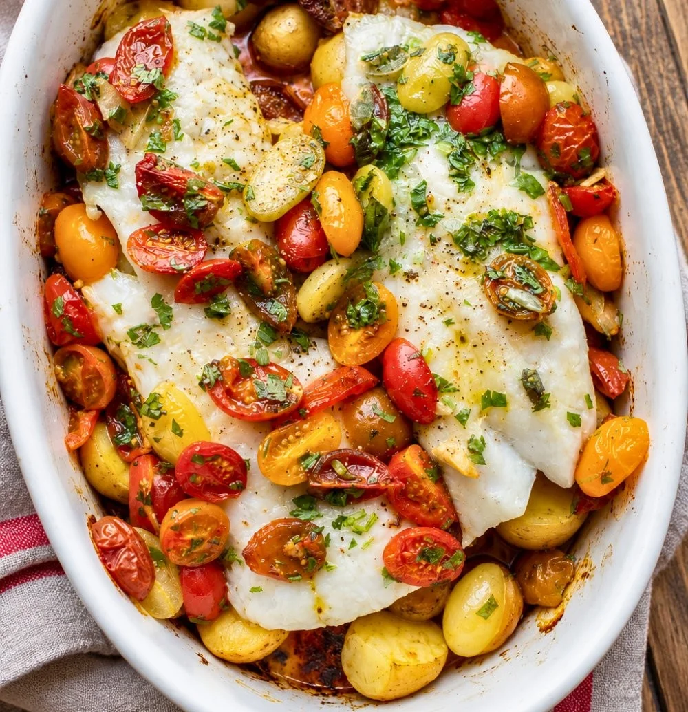 Easy Portuguese Cod Bake with Chorizo and Roasted Potatoes dish