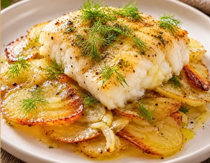 Easy roasted cod with potatoes and fennel on a serving platter