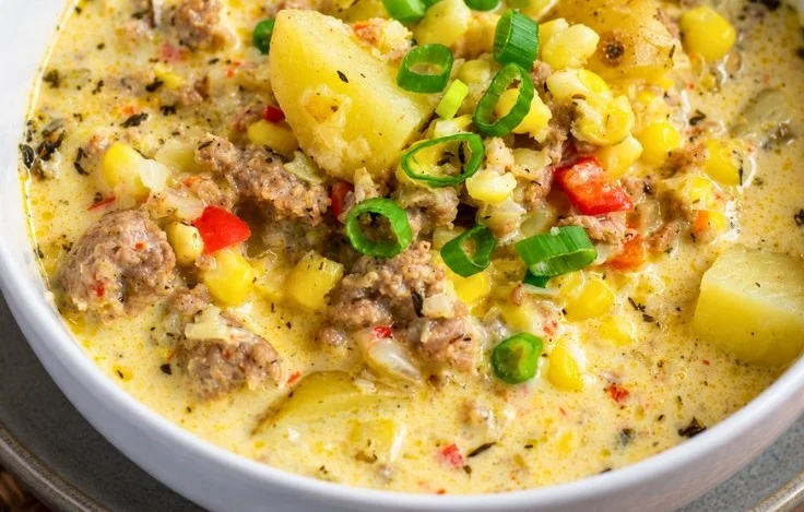 Bowl of easy sausage corn chowder, a creamy and comforting dinner dish.
